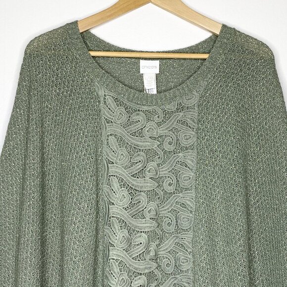 NWT Chico's Lucy Lace Body Poncho Sweater Green Gold Metallic Open Front L/XL - Picture 6 of 13